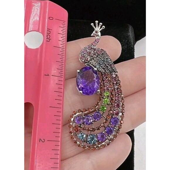 925 Sterling Crystal Peacock Pendant Necklace 2” Signed DK Bird Rhinestones - Picture 7 of 8
